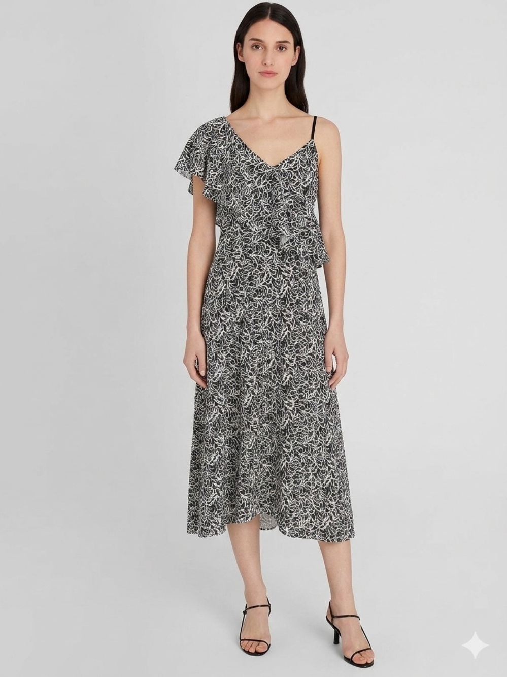 Club Monaco Black Asymmetrical Ruffle Midi Dress Size 6